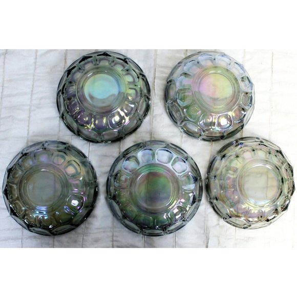 5 Bowls Indiana Carnival Blue Glass Snack/Dessert Scallop Thumbprint Iridescent - Picture 5 of 7